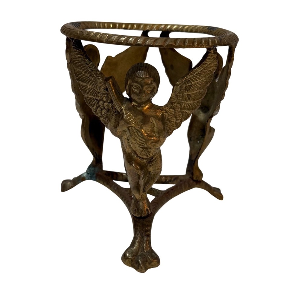 Vintage Brass Cherub Angel Jardiniere Stand Gothic Hollywood Regency Art Nouveau